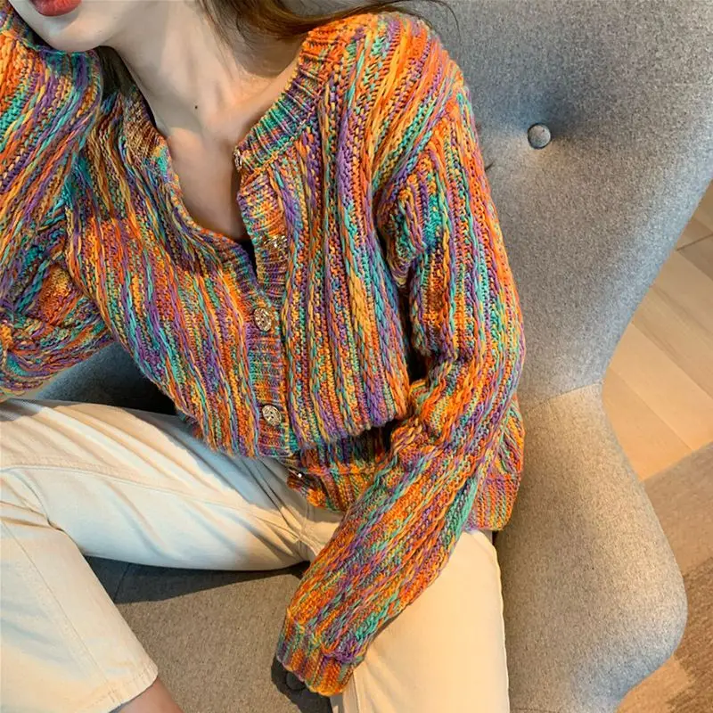 Women\'s Temperament Fashion Rainbow Color Autumn Winter Korean Loose Long Sleeve Button Knitted Cardigan for Female Sweater