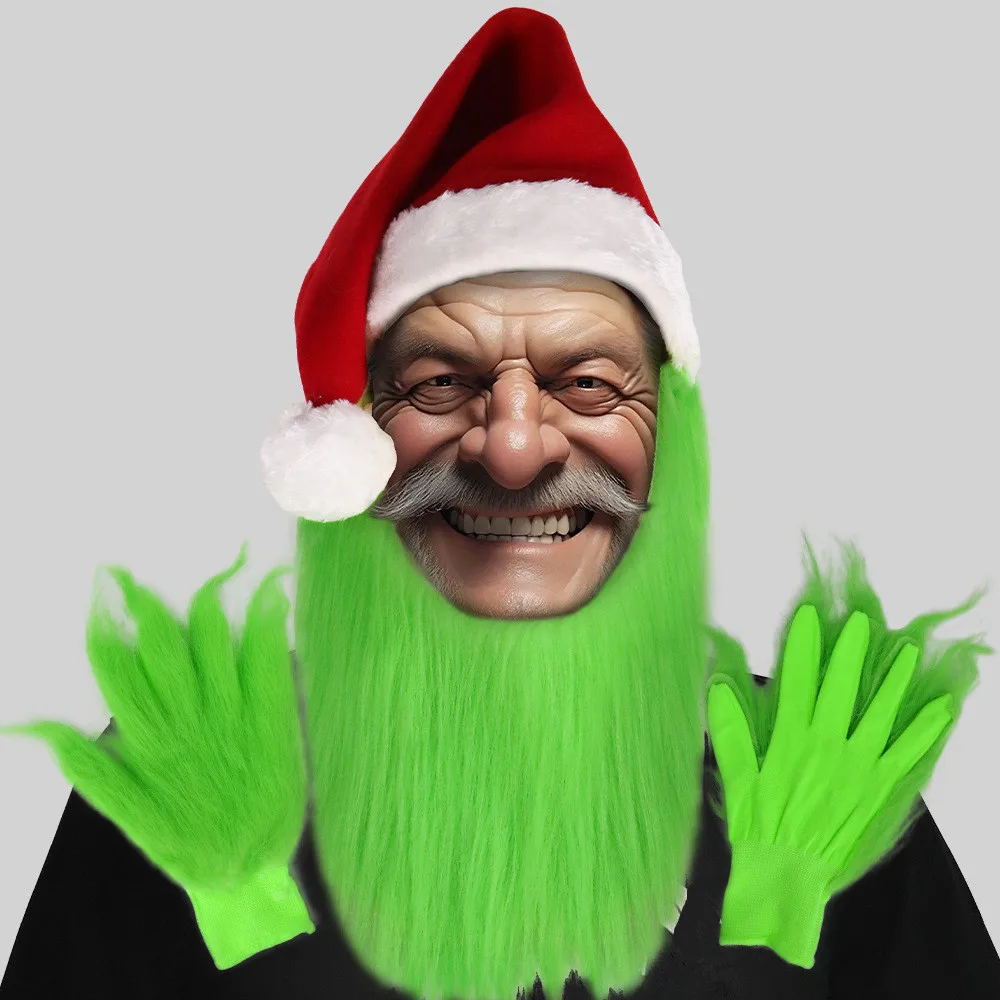 Grüne Bart-Weihnachtsmütze für Herren mit pelzigen Handschuhen für Erwachsene, Weihnachts-Cosplay-Kostümzubehör – Detail 4