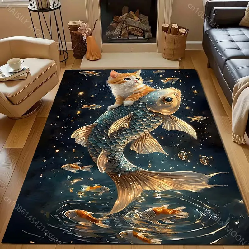 

1PC Cat riding koi, golden fish Carpet for Living Room Bedroom Sofa Home Decor Rus Non-slip Floor Mat Luxury Gift