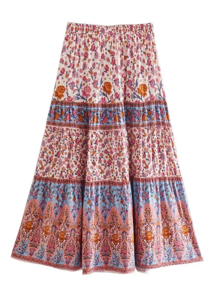 Women Dress Skirt Elastic Waist Symmetrical Regular Print Umbrella Skirt Bohemia Bottoming Skirt Large Hem Cotton-Blend Skirt