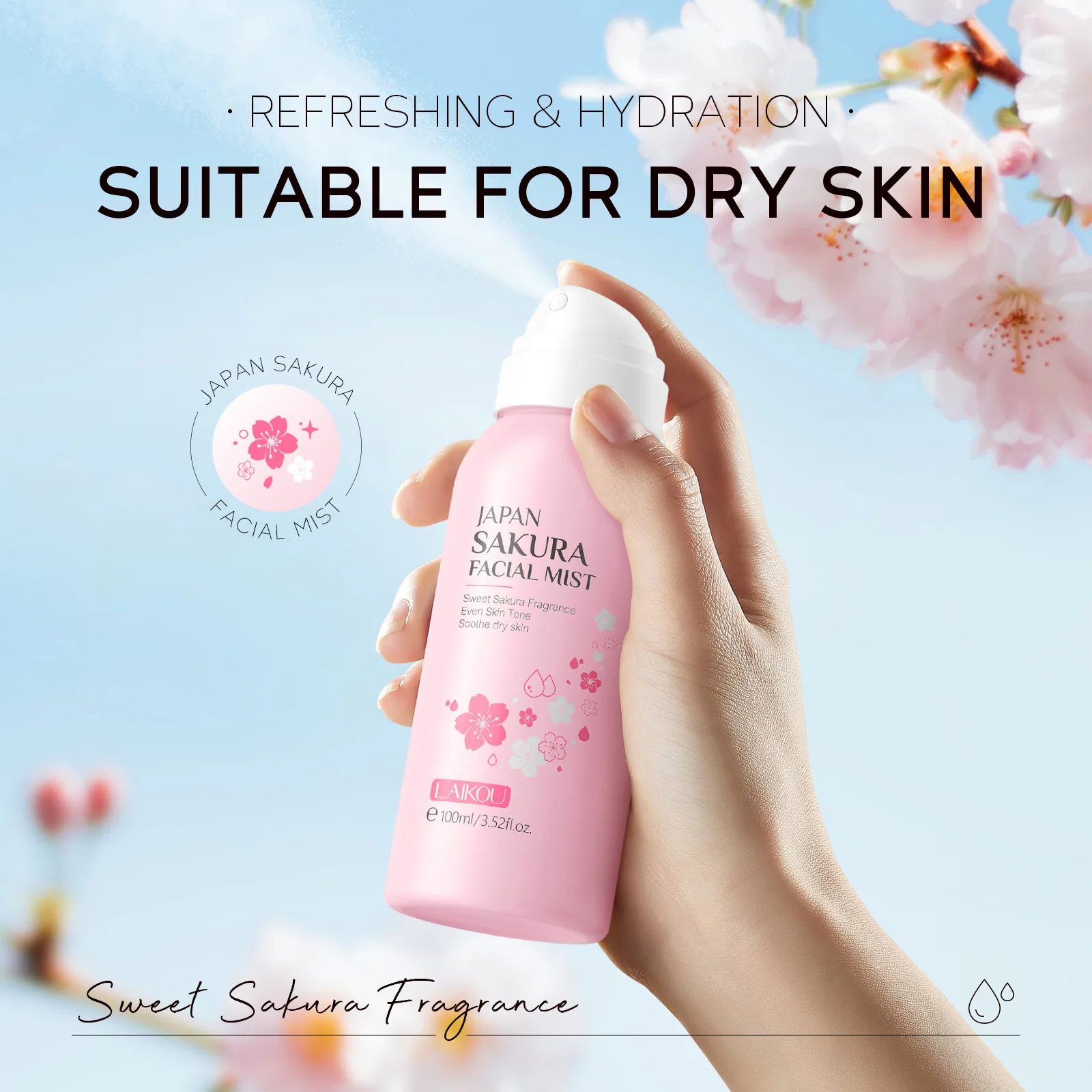 LAIKOU Sakura Toner Hydrating Moisturize Gentle Repair Brightening Skin Improve Glow Serum Toner Spray 100ml