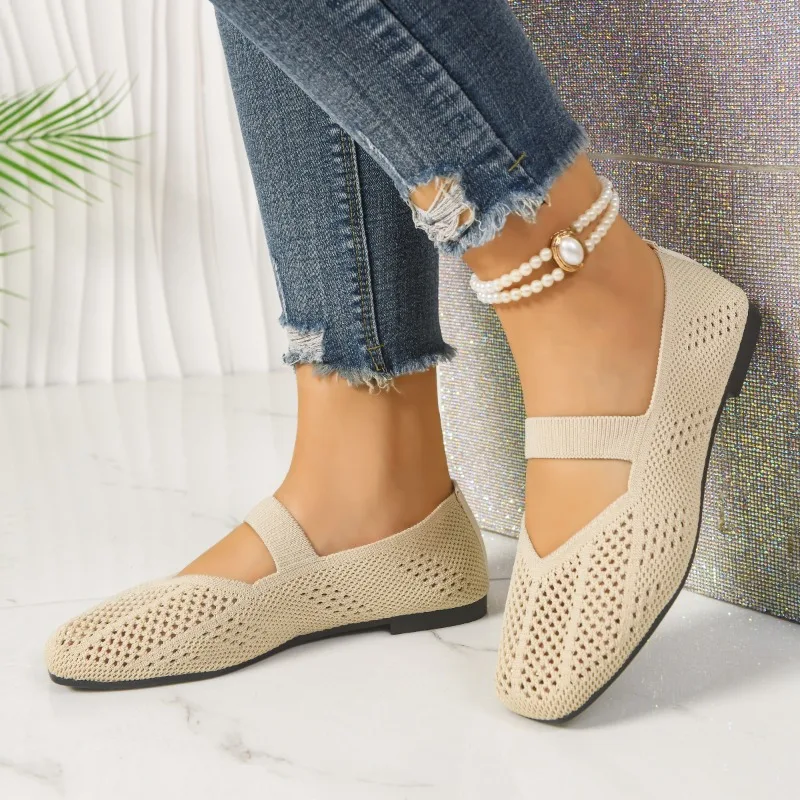 Trendy Hollow Knit T-Strap Mary Jane Flats Women Square Toe Soft Slip on Three Tone Summer Travel Walking Shoes