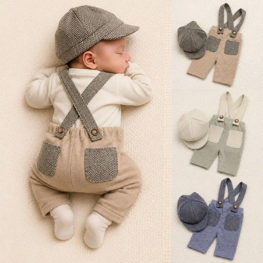 Classic Soft Newborn Photography Outfit Suspender Romper Newsboy Hat Gentleman Suit Set Baby Romper Set Baby Photo Shoot