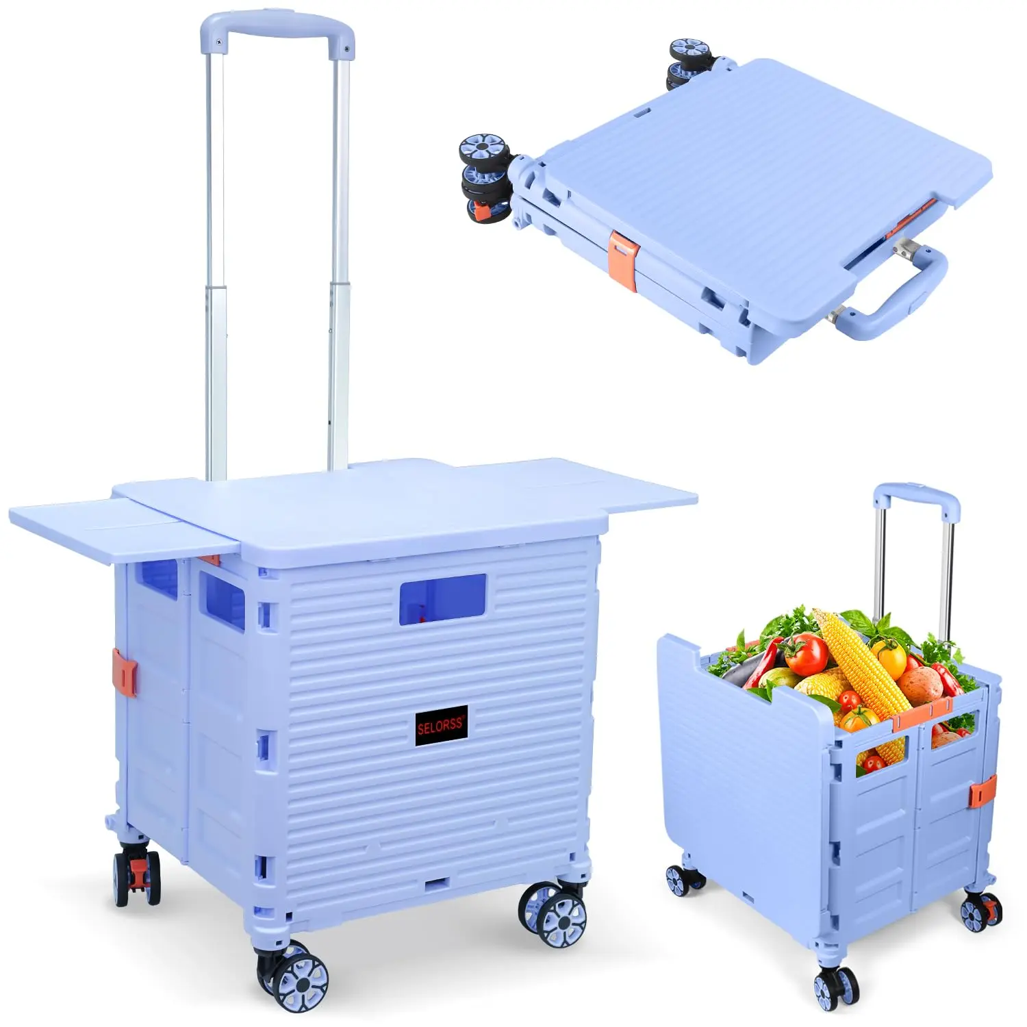 

Foldable Utility Cart Collapsible Portable Rolling Carts with Magnetic Lid Telescopic Cover Wear-Resistant 360°Rotate