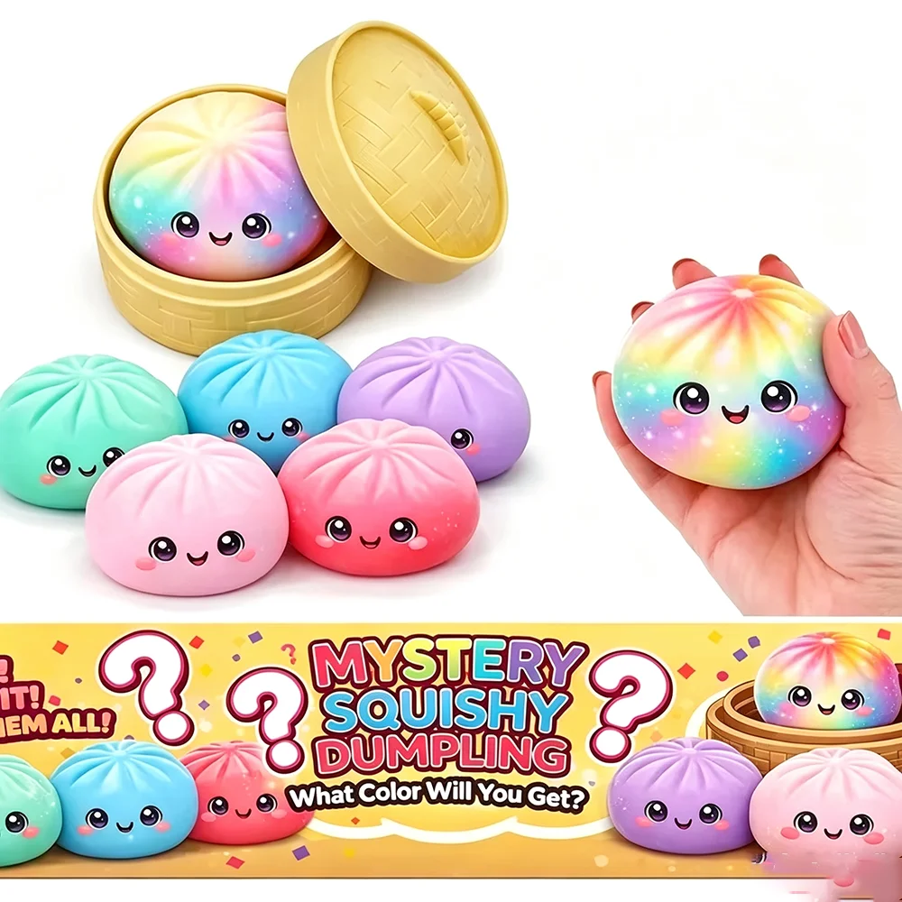Cute Cartoon Bun Squishy Toy With Mini Bamboo Steamer Box Slow Rising Dumpling Squishies Multicolor Mystery Squeeze Toy