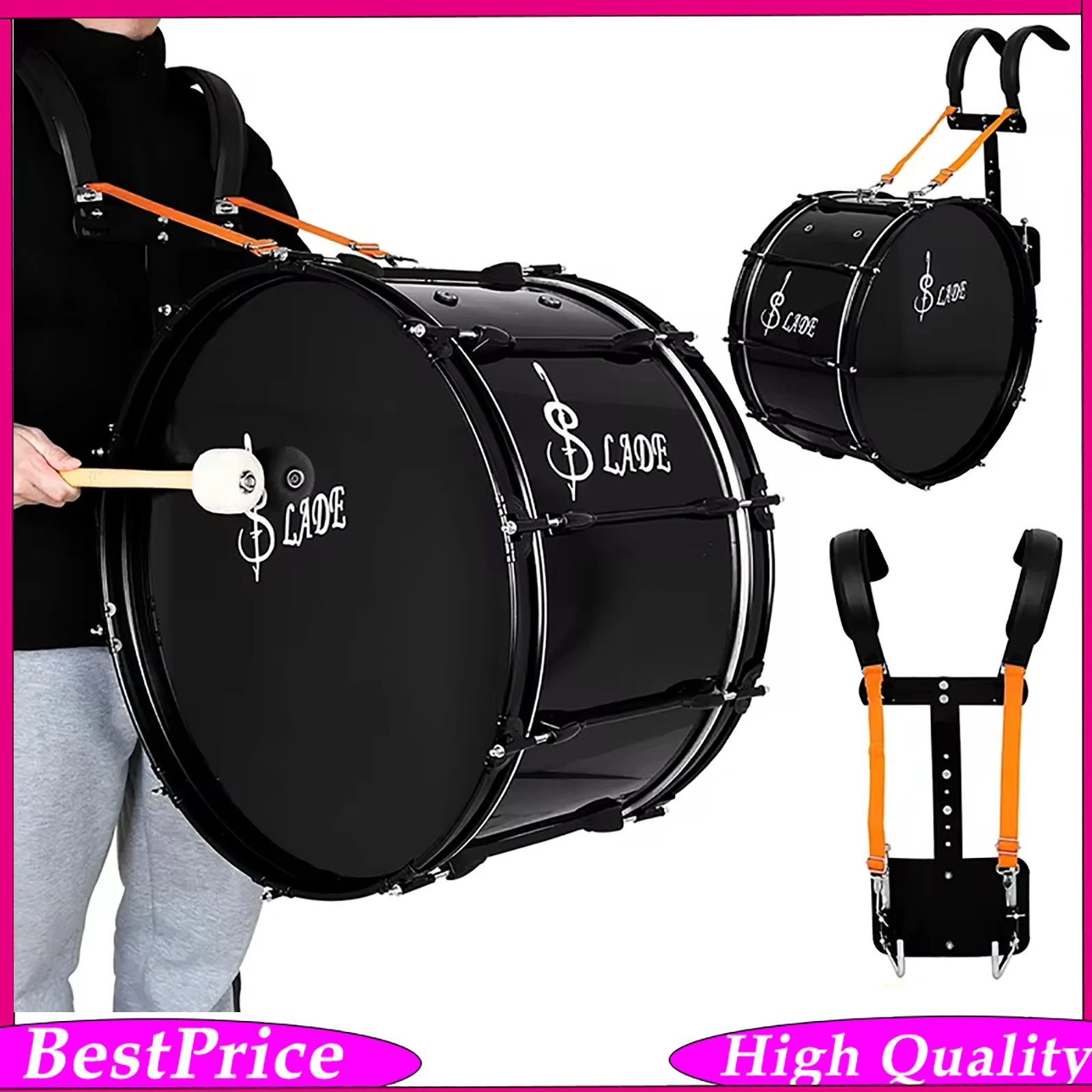 SLADE 22-inch Black Marching Drum with Carrier Reinforced Hoop Adjustable Shoulder Design for Percussionists