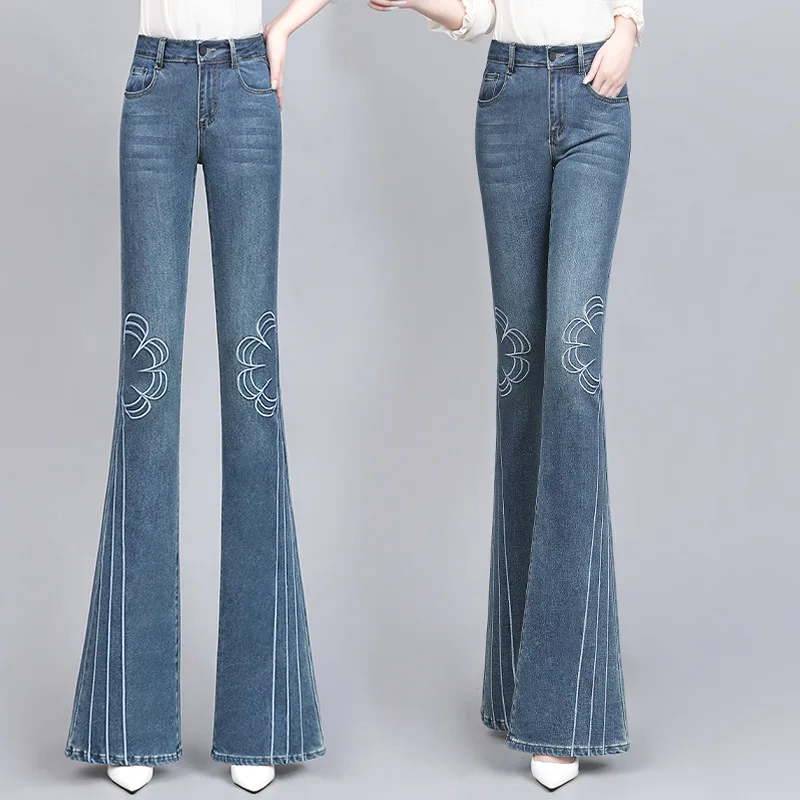 Heavy Industry Embroidered Flared Pants Spring Summer New Light-colored Retro Jeans Stretch Slim Pants Slightly Flared Fashion