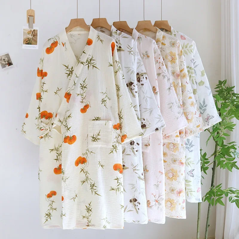 

Women's Summer Cotton Gauze Kimonos Pajamas Lovers Bath Robe Spring and Autumn Thin Japanese Women Sleepwear Robes