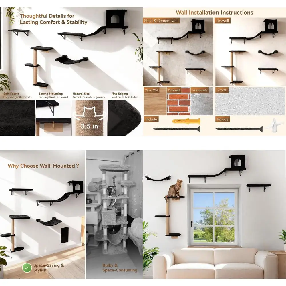 

4-in-1 Wall-Mounted Cat Playset: Hammock, Bridge, Climbing Tree, and Perch for Large Cats, Supports Up to 30 lbs