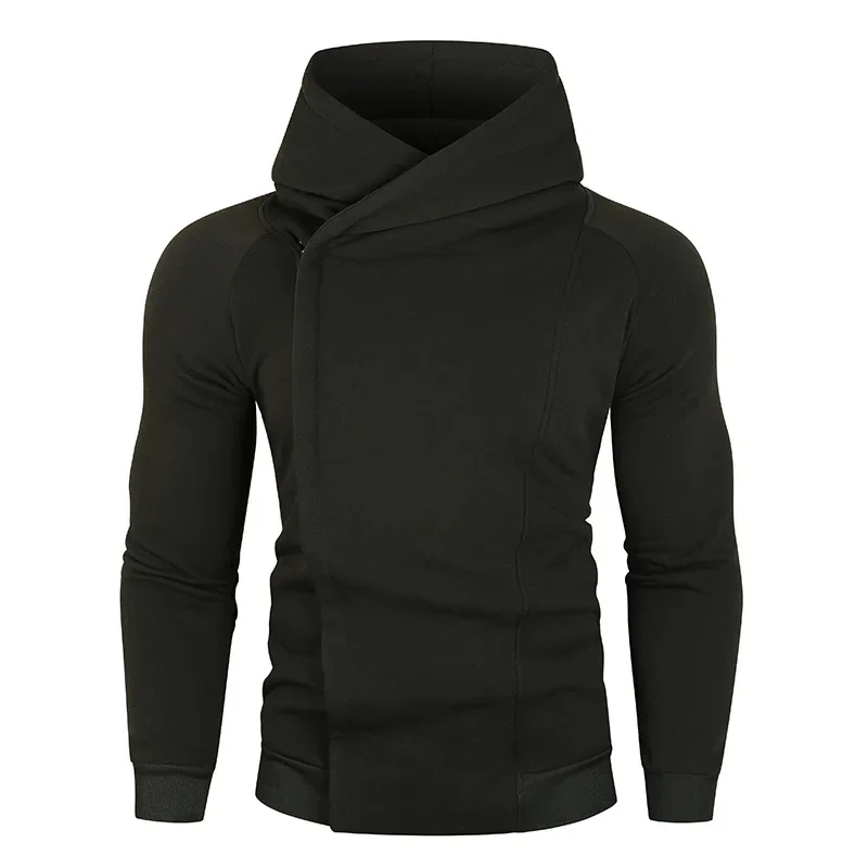 2023 Autumn/Winter European Size New Men's Solid Hooded Long Sleeve Side Oblique Zipper Design Guard