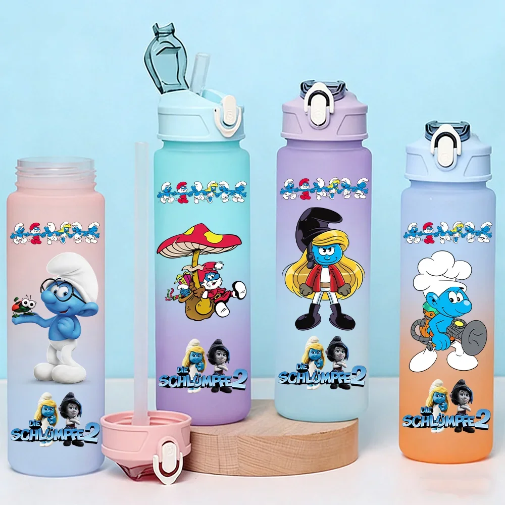 The Smurfs 750ml Water Cup Camping Drinking Bottle Cartoon Smurfette Plastic Large Capacity Gradient Sports Straw Bottle Cup
