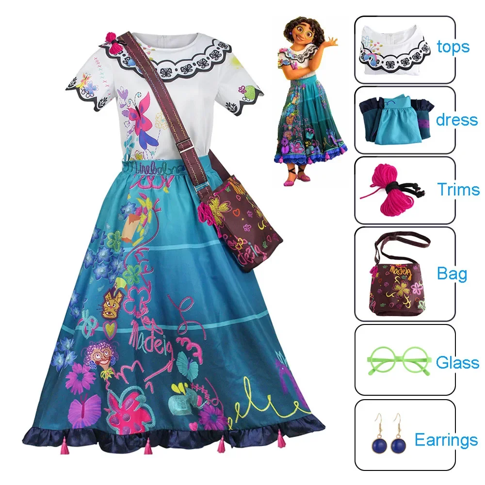 Volwassen Kinderen Encanto Cosplay Kostuum Vrouwen Meisjes Jurk Halloween Prinses Partij Kleding Bloem Mirabel Jurk Pruik Zak Bril Sets