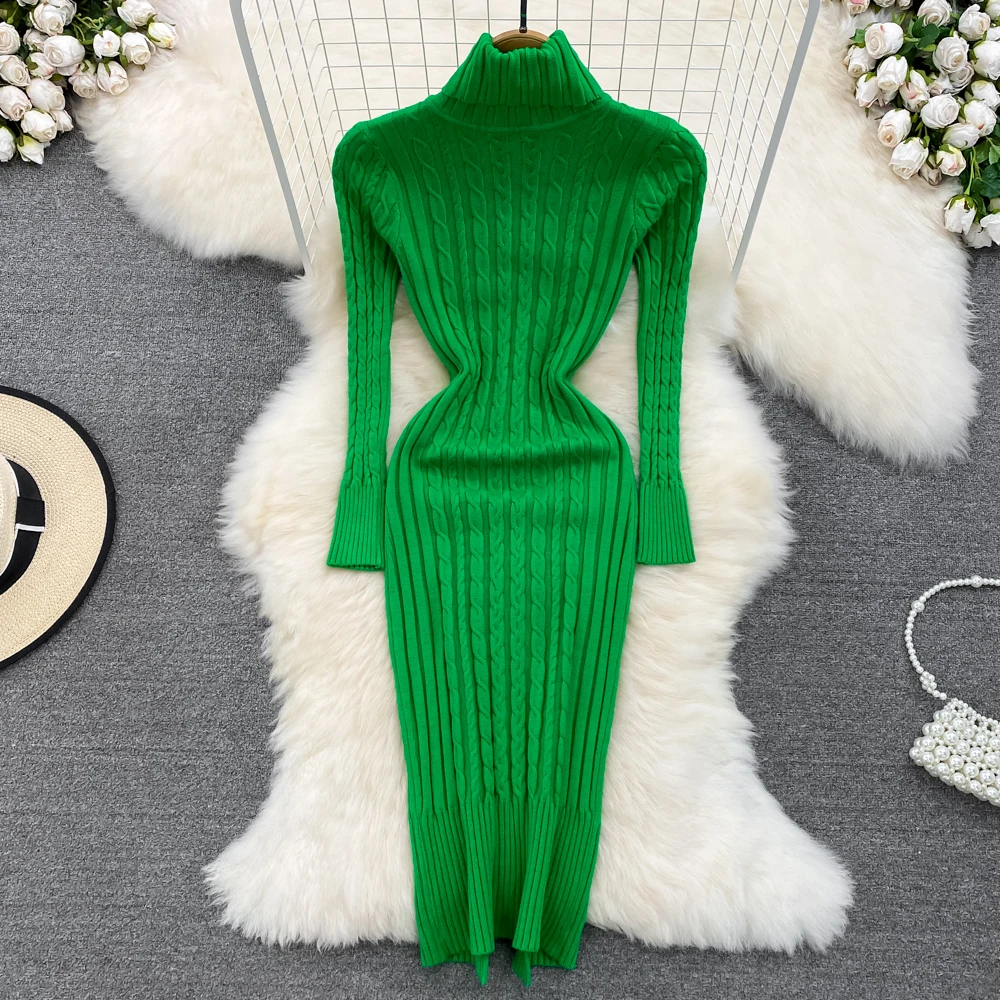 Elegant Turtleneck  Elastic Tight Dress Sexy Korean Fashion Knit Vestido Long Sleeve Autumn Winter Sweater Bodycon Pencil Dress