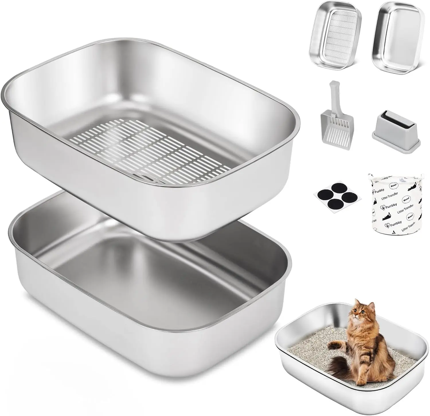 

Large Stainless Steel Litter Box with Lid and Scoop, Odor Control for Multiple Cats