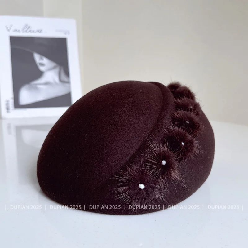 High-end Temperament True Cute Fur Pompon Lady Dome Top Hat Women Autumn Winter Party Hat Beret Fashion Street Photo Hat