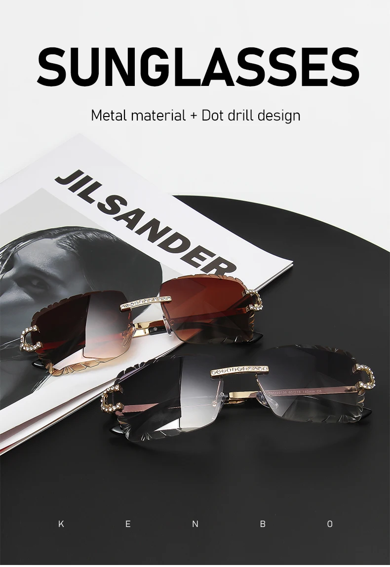 KENBO Quadratische randlose Edelstein-Sonnenbrille, trendige Sonnenbrille mit Farbverlauf für Damen und Herren, Retro-Sonnenbrille mit rahmenlosem Diamantschliff – Detail 1