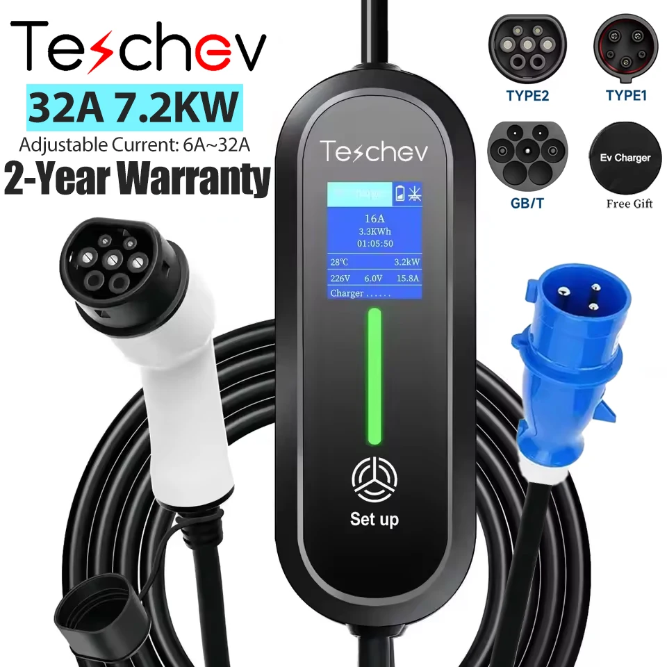Tescheva 32A Max 7,2kW EV Tragbares Ladegerät EVSE Ladekabel, 8-stufig einstellbarer Strom, Echtzeit-OLED-Datenanzeige, Zeitgesteuertes Ladefestzelt, versilberte Kupferkontakte, -30 ℃ ~65 ℃