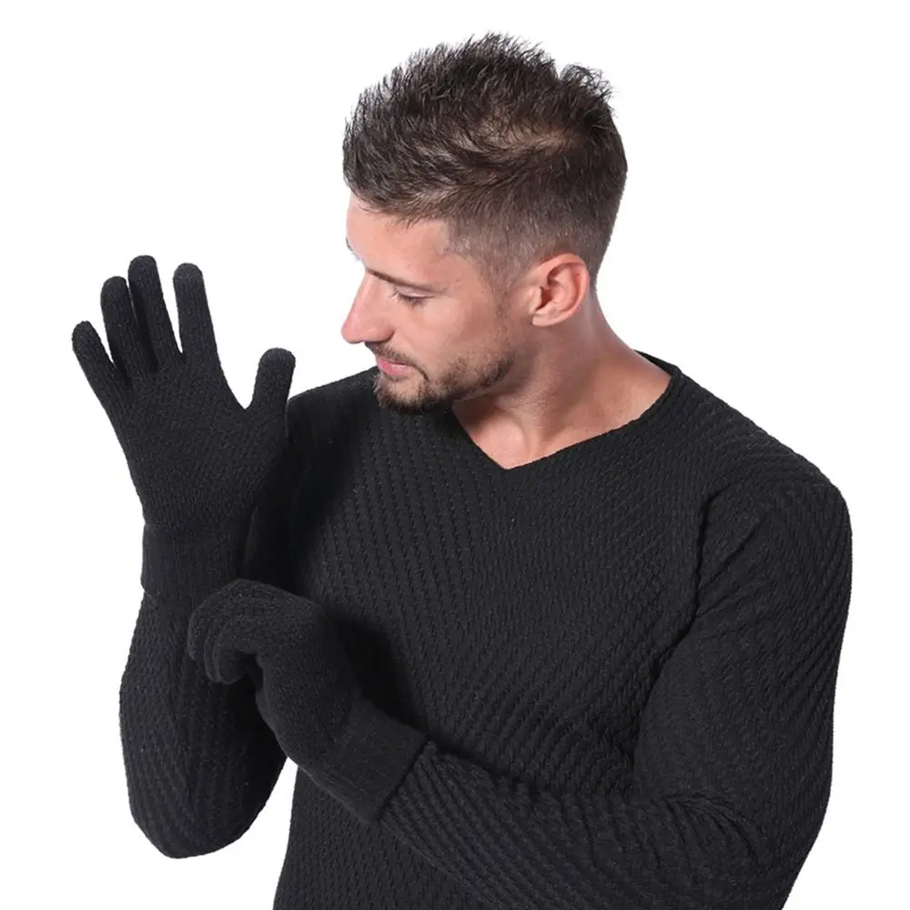 Casual Wool Men Knitted Gloves Thick Windproof Cold Proof All Finger Gloves Touch Screen Warm Gloves for Outdoor Travel