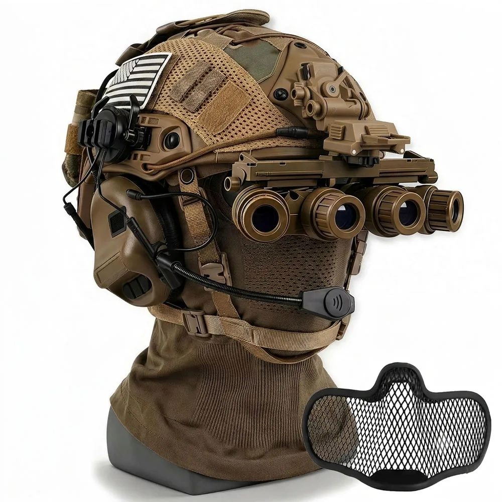 7-in-1 Adjustable Tactical Helmet Set with Headset Helmet Cover Full Face Mask NVG Model for Airsoft Cosplay CS Wargame Props