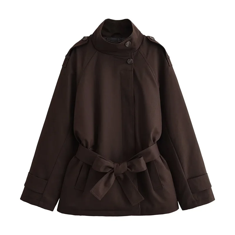 Guobioziy Women's Jacket 2026 Fall/Winter New Arrival Dark Brown Long Sleeve Belted Simple Loose Trench Parka Fashionable Style