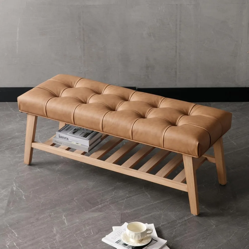 

Upholstered Storage Entryway Bench with Shoe Shelf, 2 Tier Faux Leather Button Tufted Bench with Wooden Frame for End