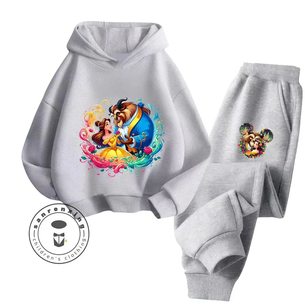 Cute Disney Cartoon Beauty and the Beast Outfit for Ages 3-14 Kids Lovely Kawaii Cartoon Prints Simple Chic Hoodie Tracksuit