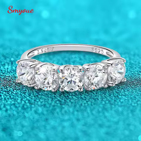 Smyoue 2.5/5CTTW D Color Genuine Moissanite Rings for Women 5 Gemstone Bridal Wedding Jewelry 925 Sterling Silver Wholesale Ring