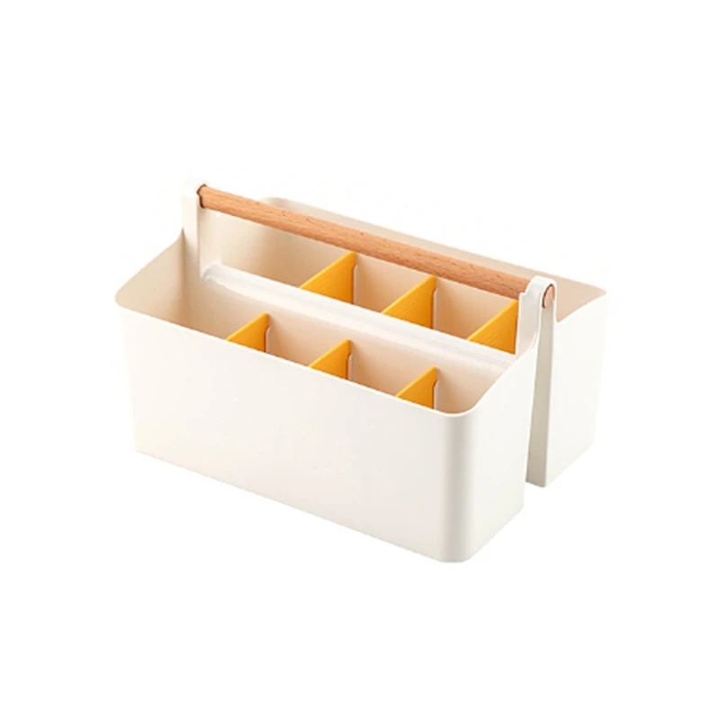 

2 Piece Pen Holder Desk Caddys With Wooden Handle Art Crafts Storage Organizer With Adjustable Compartment (White/Yellow)