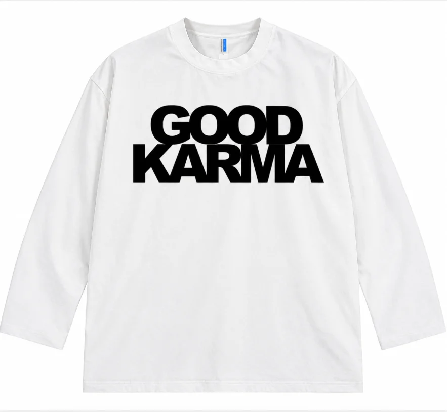 Unisex White Long Sleeve Shirt GOOD KARMA Red Bold Letter Print Crew Neck Loose Casual Streetwear Basic Tee Top  Harajuku