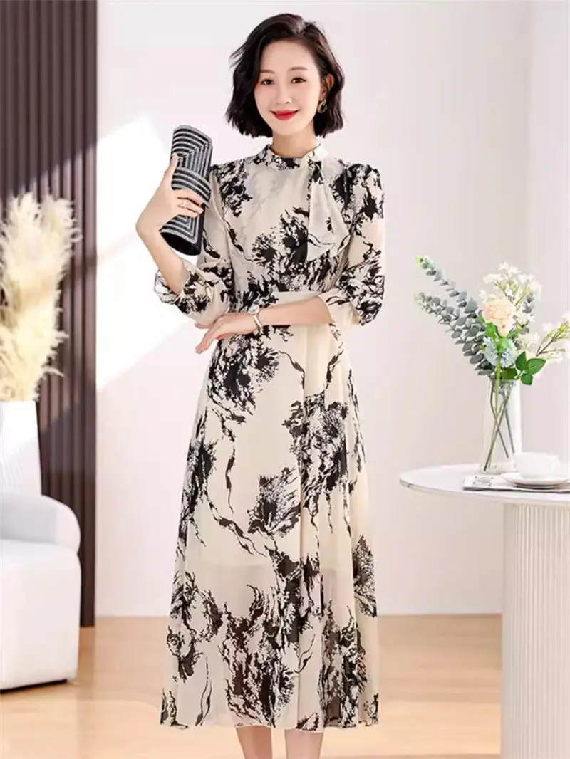 

Floral Chiffon Dress 2024 New Women's Spring Autumn And Summer Middle Aged Mom Printed Dress Fashion Stand Collar Robe K020