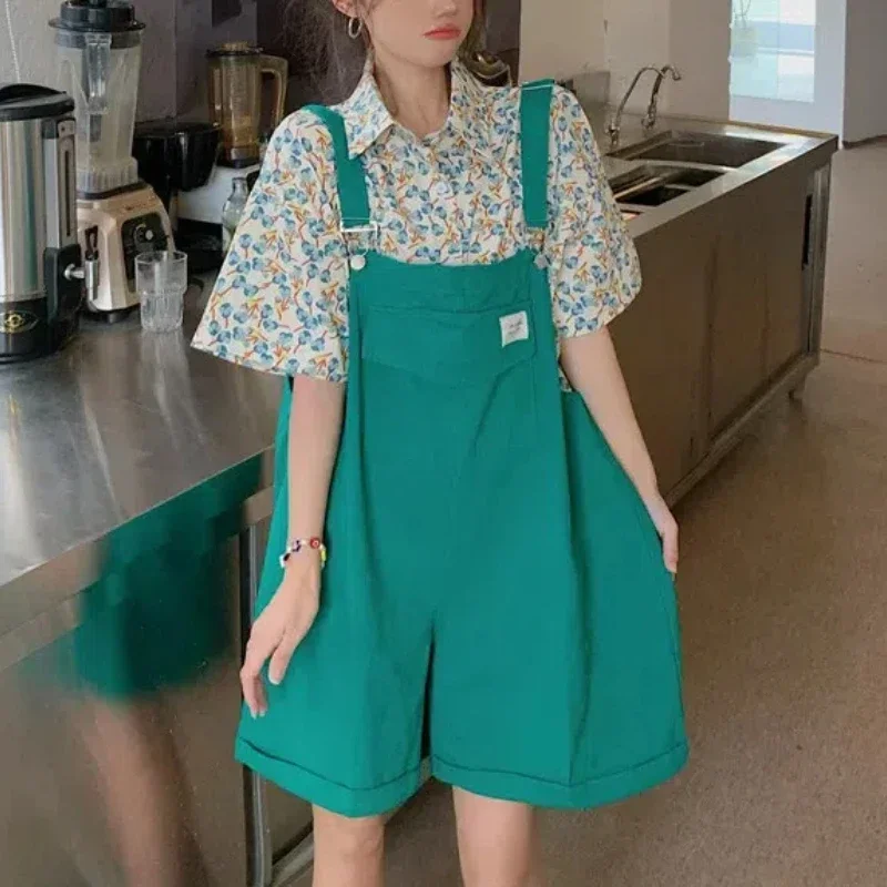 Summer Minimalist Casual Loose Streetwear Strap Short Pants Polo-Neck Short Sleeve Floral Shirt Stylish Women's Clothing Suit