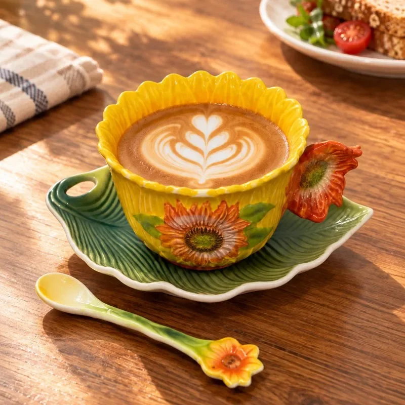 Sunflower Embossed Ceramic Coffee Cup And Saucer Exquisite Afternoon Tea Coffee Cup Home Flower Shaped Breakfast Milk Mug Gifts