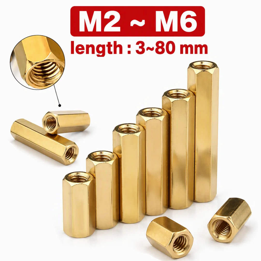 Hex Brass Copper PCB Standoffs Female Thread Spacer Pillar Stud Bolt M2 M2.5 M3 M4 M5 M6 for Motherboard Circuit Board