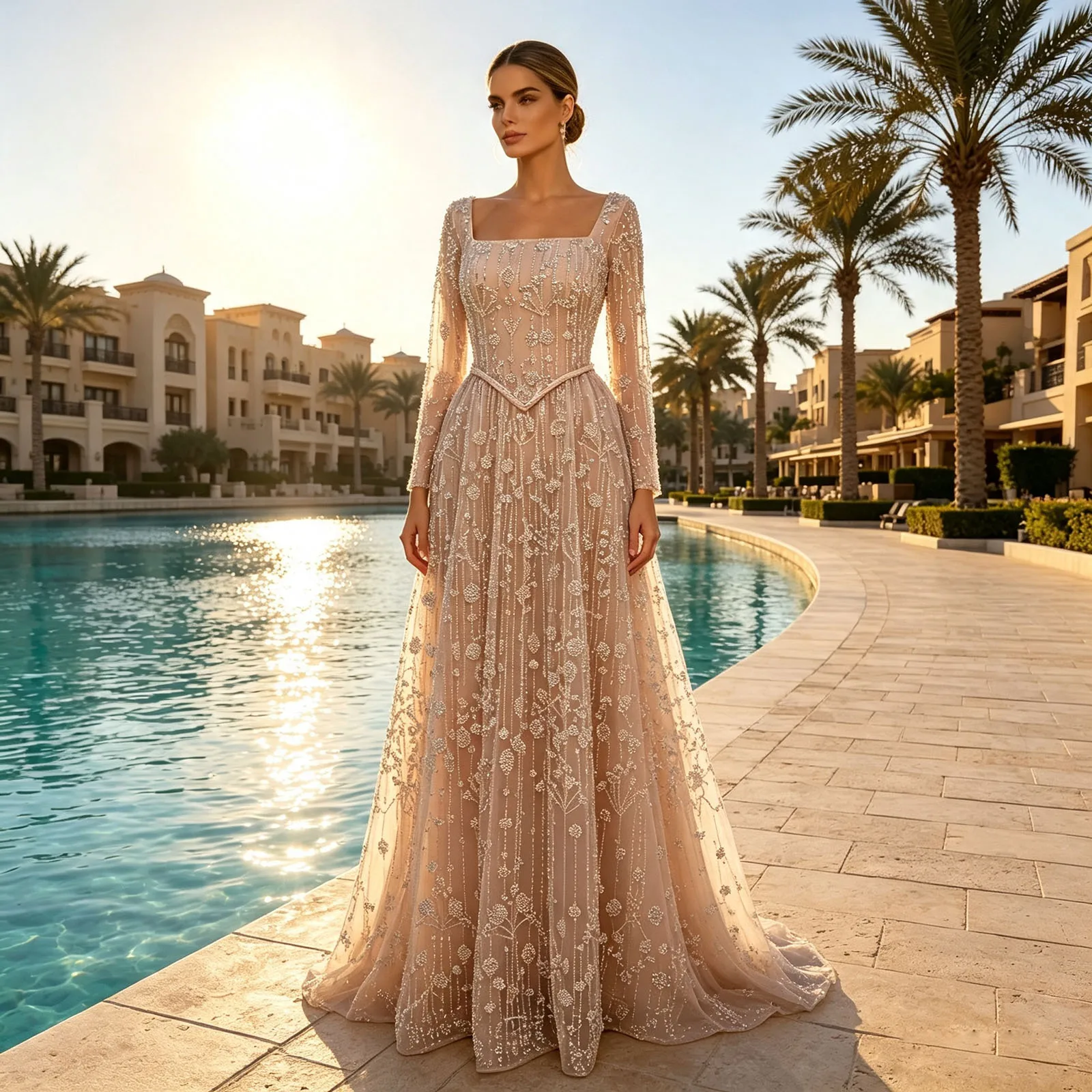 Eshaut&bridal Luxuriöses A-Linien-Abendkleid mit langen Ärmeln, Perlen und Pailletten, Dubai Formelles Kleid für Damen, Hochzeitsfeier, Maßanfertigung 2026