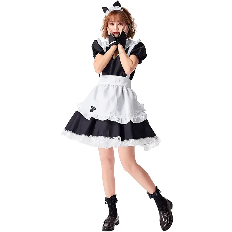 Women Cute Anime Maid Waitress Cosplay Costume Black White Cat Kitty Paw Dress Fantasia Halloween Costumes