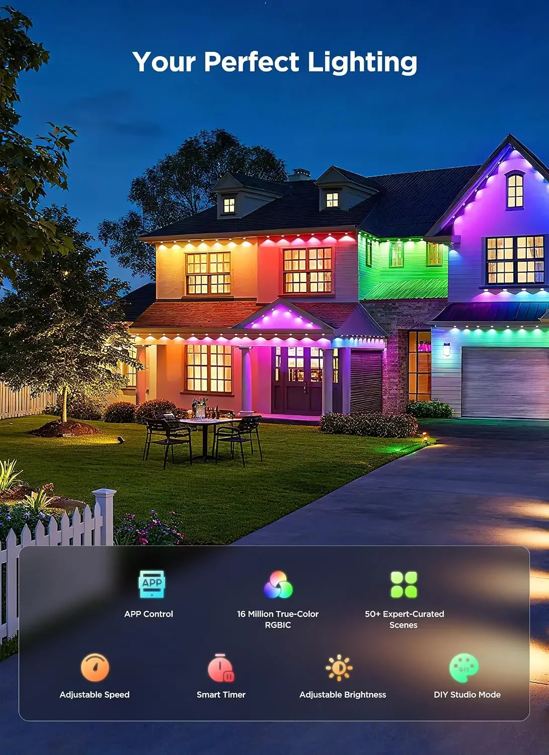 Permanent Outdoor Lights, 100FT RGB LED Outdoor String Lights, 16 Million Vibrant Colors & 50 Preset Scene Modes, Smart App