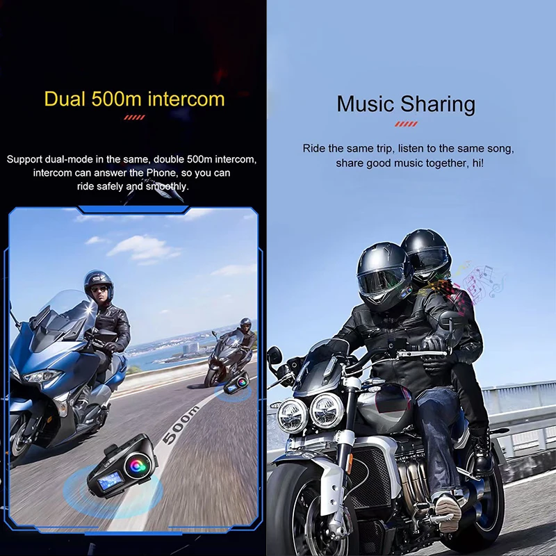 Multi Task Motorcycle Helmet Intercom For Universal Helmet MicroSD Card FM Radio LED Light Long Tour Accessory