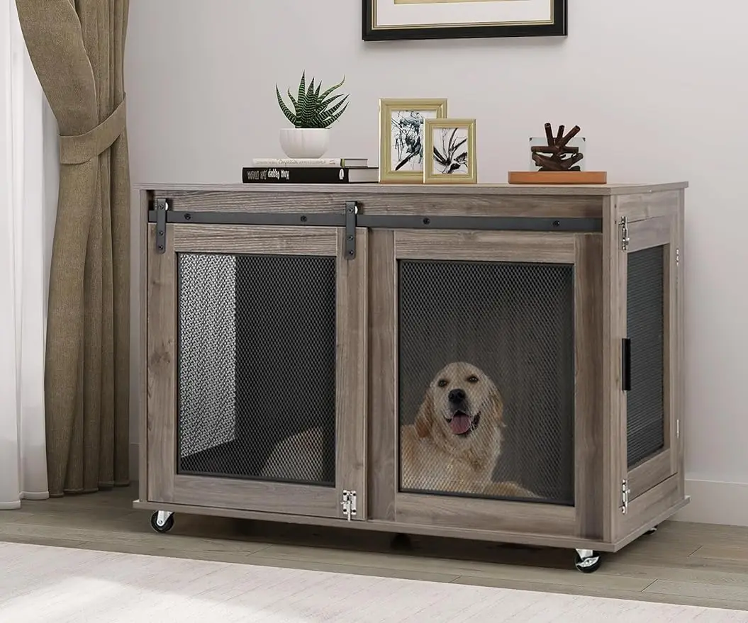 

40 Inch Dog Crate Furniture, Wooden Heavy Duty Dog Kennel Indoor, Decorative Dog Cage Table for Large Medium Dogs, with S