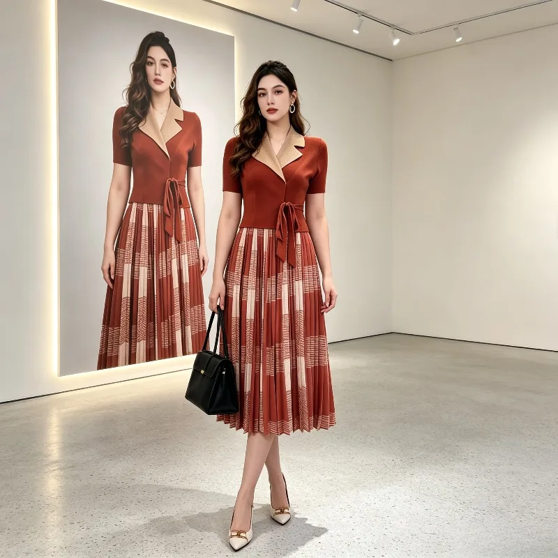 Miyake Pleated 2026 New Plus Size Suit Collar Color Block Print Metal Buckle Waist-Cinching Long Dress with Tie Pleated Dress