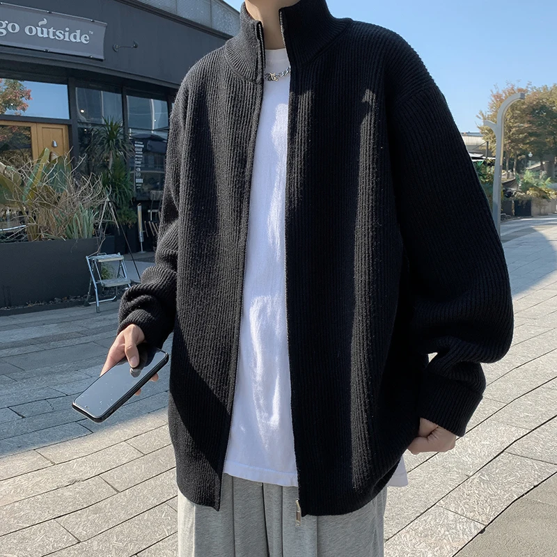 

Мужской вязаный свитер большого размера, пальто на молнии, длинный воротник-стойка, осень-зима, модный цветной бейсбольный воротник J...