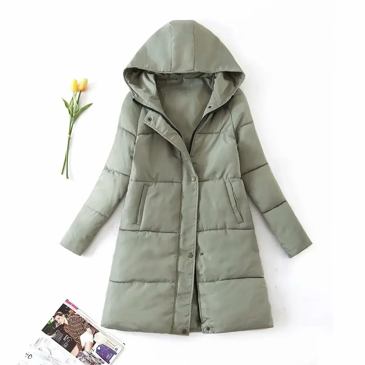 2023 Autumn and Winter New Hooded Thick Bread Coat Cotton-padded Women's Fashion Long Warm Over The Knee Coat