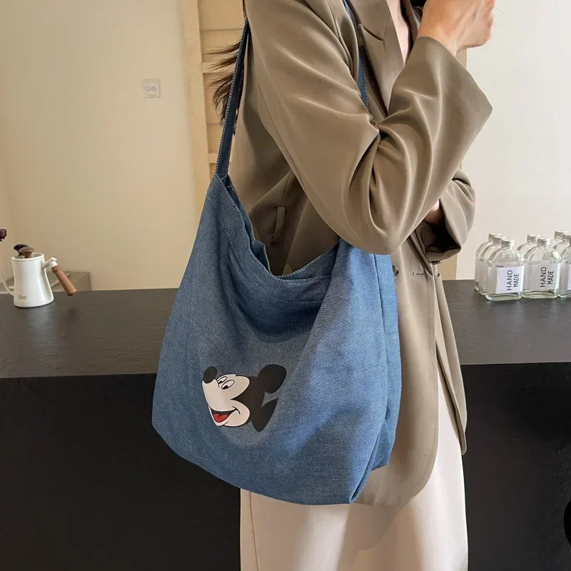 Disney Mickey Mouse Cartoon Cute Denim Messenger Bag Women's New Shoulder Bag Fashion Canvas Shopping Storage Bag