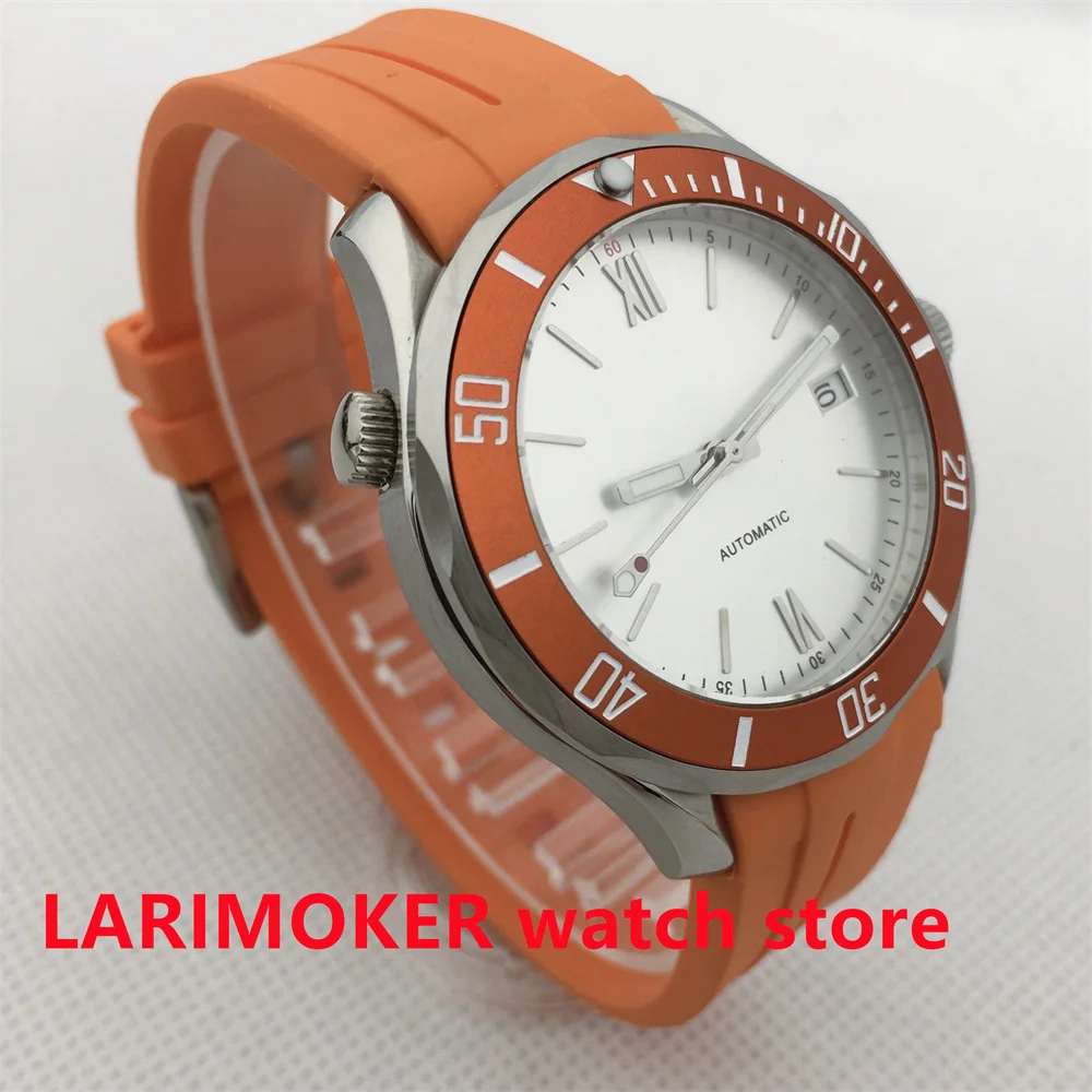 41Mm Vô Trùng Màu Trắng NH35A Đồng Hồ Nam Tự Động Kính Sapphire Gốm Ốp Viền Đơn Hướng Quay Vòng Cao Su Màu Cam Ban Nhạc