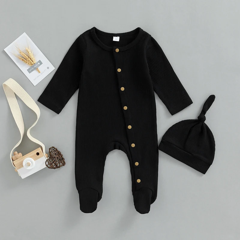 Newborn Baby Footies Romper with Hat Boys Girls Clothing Sets Long Sleeve Button-Down Ribbed Feet Wrap Jumpsuits Infant Outfits