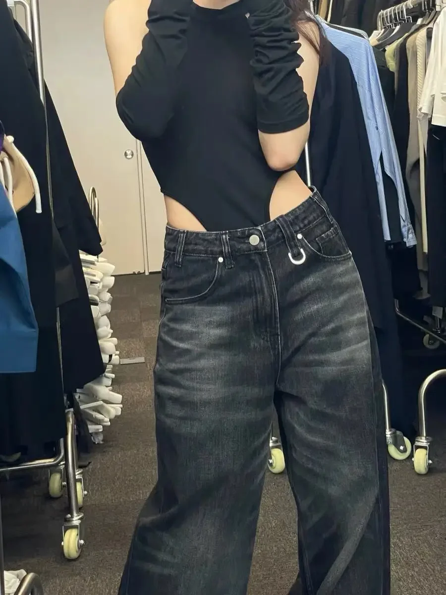 Y2K Women Vintage Streetwear Korean Baggy Black Jeans Retro Straight Parachute Pants Denim Trousers Fairy Grunge Alt Clothes