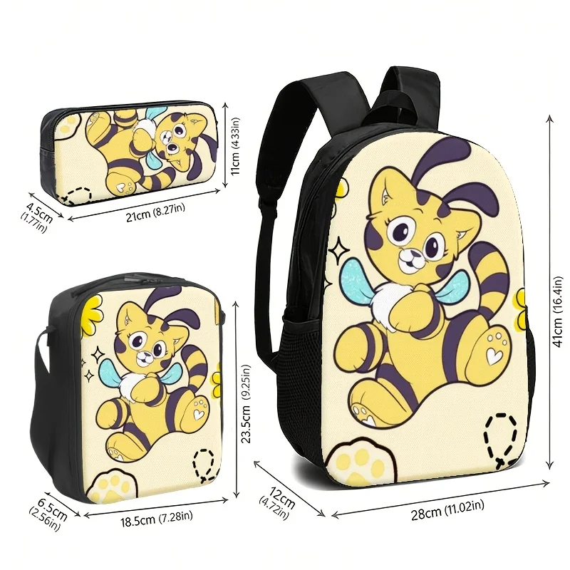 

A Backpack And Accessory Set Featuring a Cartoon Yellow Tiger Design, with Prints of Cute Anthropomorphized Animals. The Colors