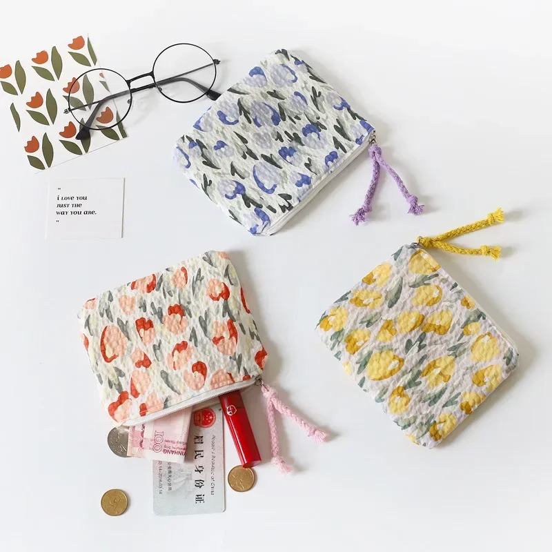 Mini monedero Floral fresco de estilo japonés para mujer, bolsa compacta coreana, almacenamiento de llaves de estudiante, monedero pequeño y lindo