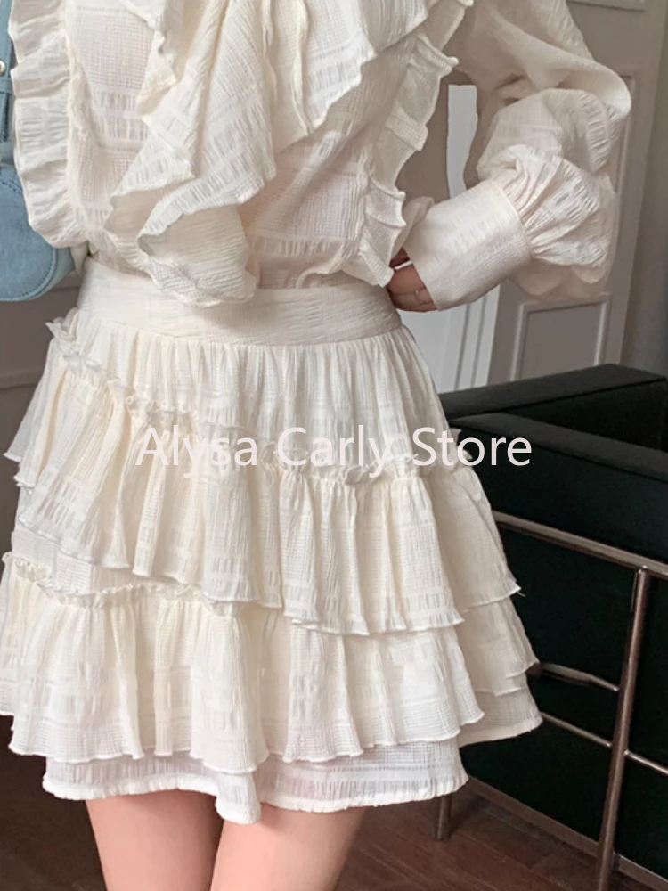 Korean Elegant Office Lady Two Piece Set Women Autumn Ruffle Blouse Irregular Mini Skirt Sets Fashion Sweet Party Skirt Set 2024