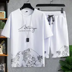 2Pcs/Set T-shirt Shorts Set Trendy Men Loose T-shirt Shorts Fitness Set Mid-rise Summer Tracksuit Daily Garment