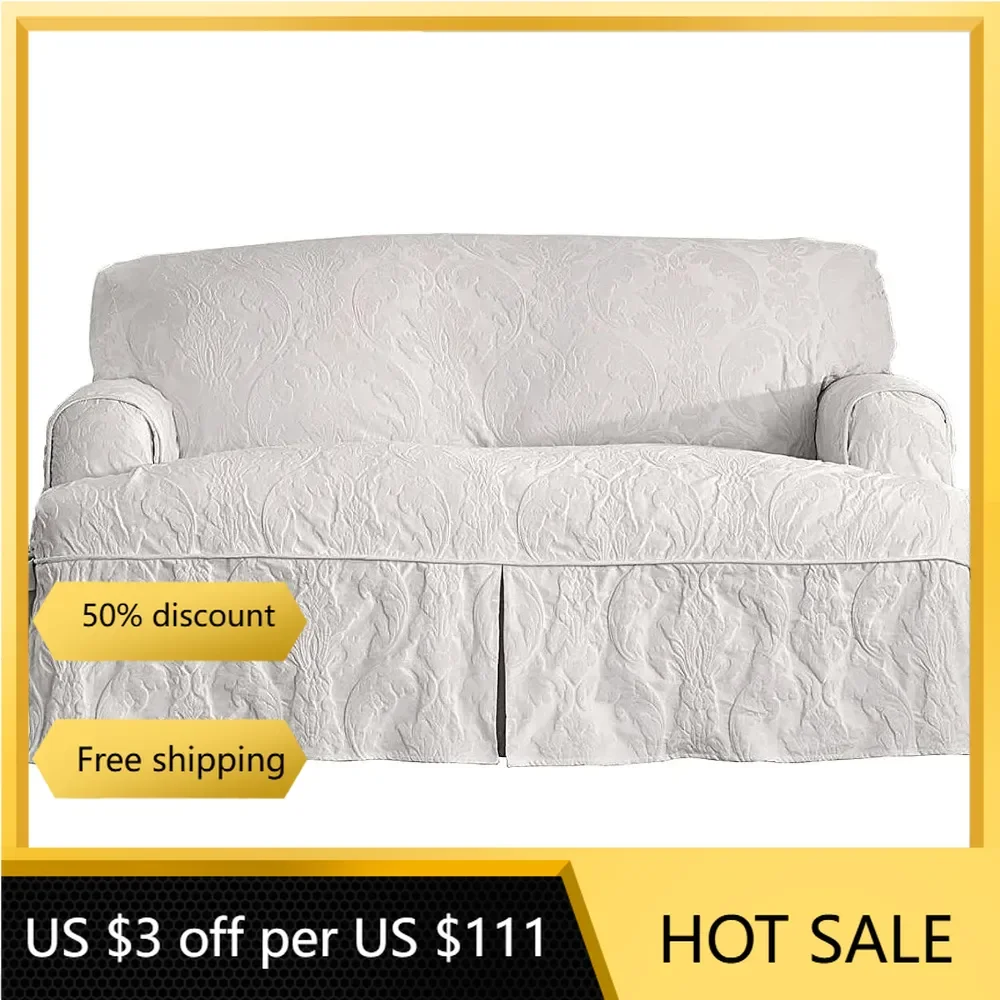 

Matelasse Damask 1 Piece T-Cushion Kick Pleat Sofa Slipcover White Freight Free Adjustable Elastic Sofa Covers Cover Slipcovers